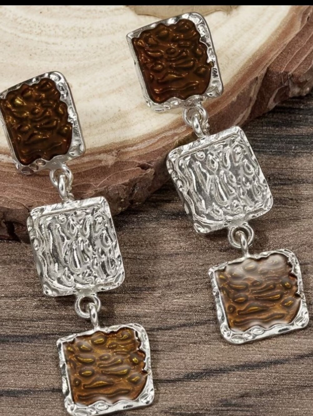 Dangle Square Drop Earrings in Brown and Silver
